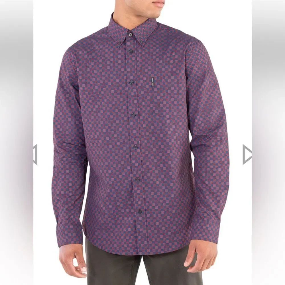 Ben Sherman LONG-SLEEVE PRINTED CHECKERBOARD SHIRT - BURNT ORANGE size S